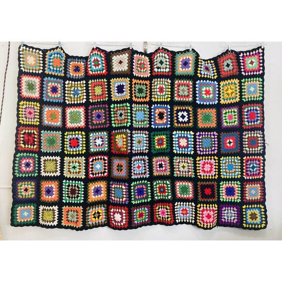 Vintage Hand Crochet Afghan Throw Granny Squares Retro Black Rainbow 70s Cottage - Picture 2 of 11